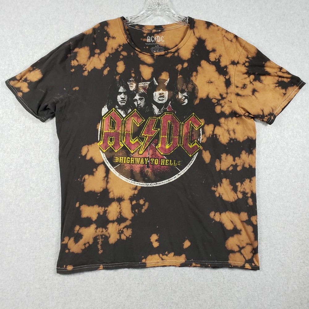AC/DC Mens‎ T-Shirt Highway to Hell Large Black Bleach Dye Rock Band T Excellent